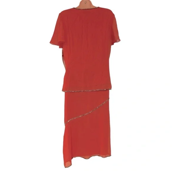 ASHRO Bead Trimmed Georgette Tangerine Orange Midi Skirt Set Wedding Guest Dress - Picture 7 of 16
